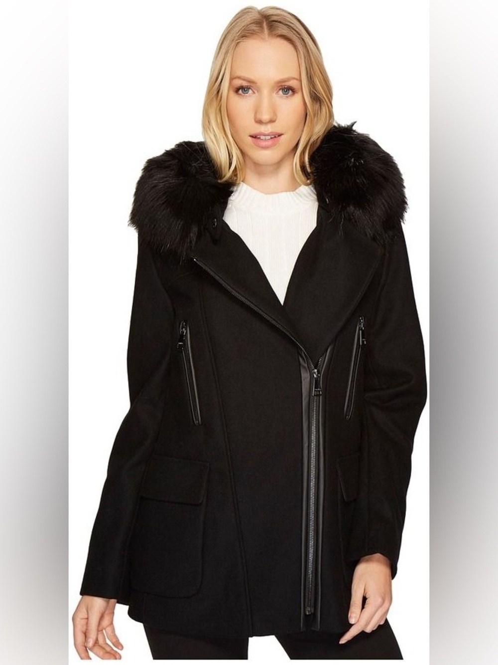 Calvin Klein Wool Blend Coat with Faux Fur Hood in Black | Medium